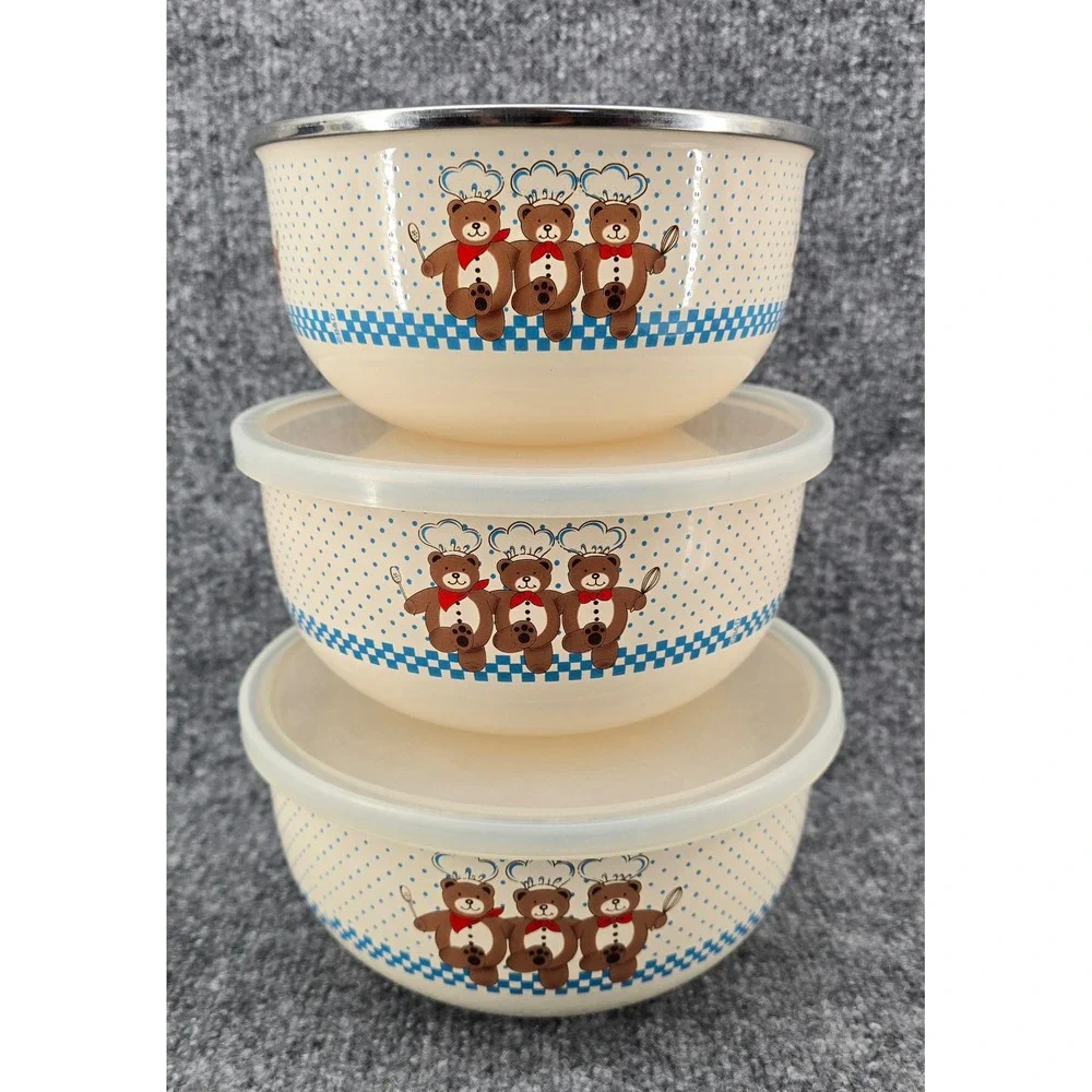 Vtg Set of 3 B&D Enamel Mixing Bowls Teddy Bear Chef w/ 2 Lids Metal 80s Rare